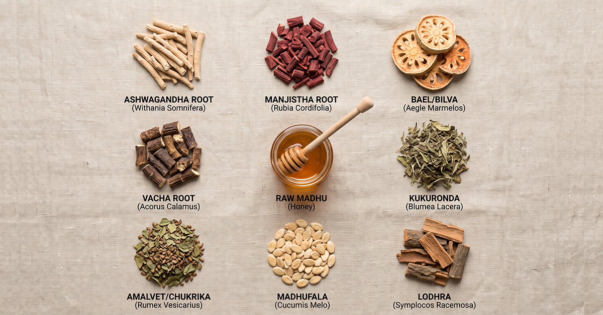 Ayurvedic herbs for cancer — Ashwagandha, Manjistha, Bilva, Vach, and Lodhra laid out on natural background