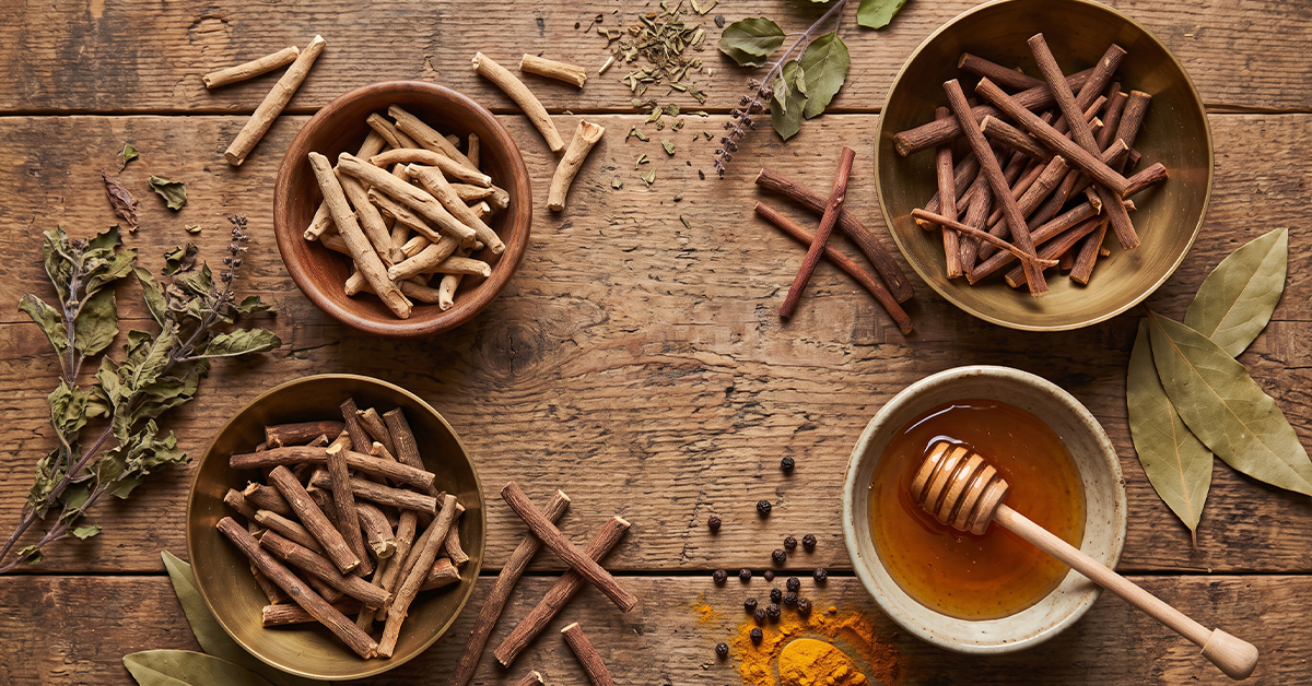 Ashwagandha, Manjistha and Madhu, herbs traditionally used in Ayurvedic wellness