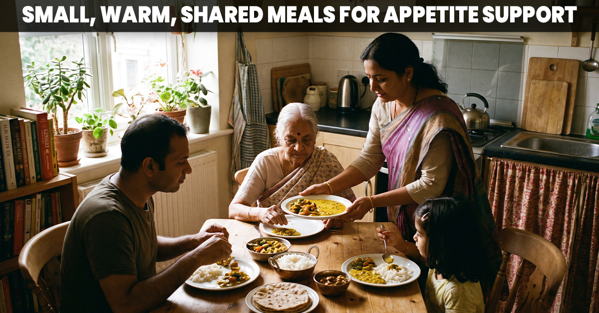 Family sharing a small, warm home-cooked meal to support appetite loss during liver cancer treatment