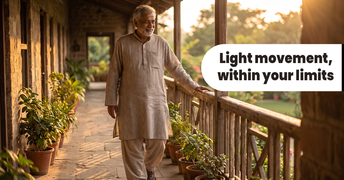 Elderly man taking a short, gentle walk as part of daily rhythm to support fatigue during liver cancer treatment