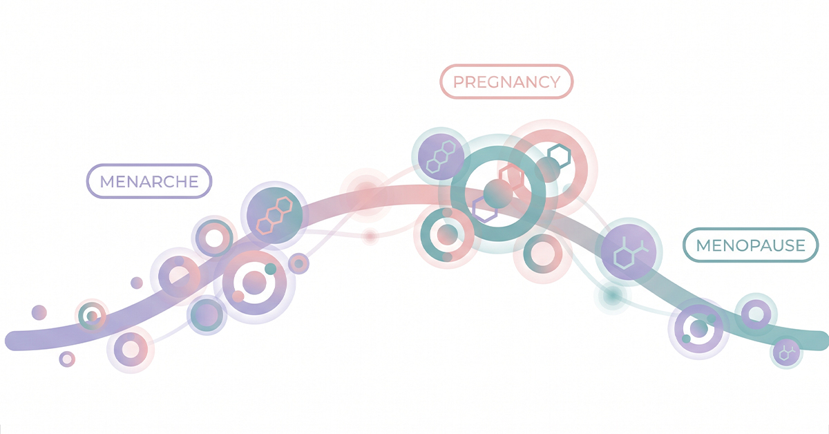 Illustration of hormonal risk factors for breast cancer including oestrogen exposure across life stages