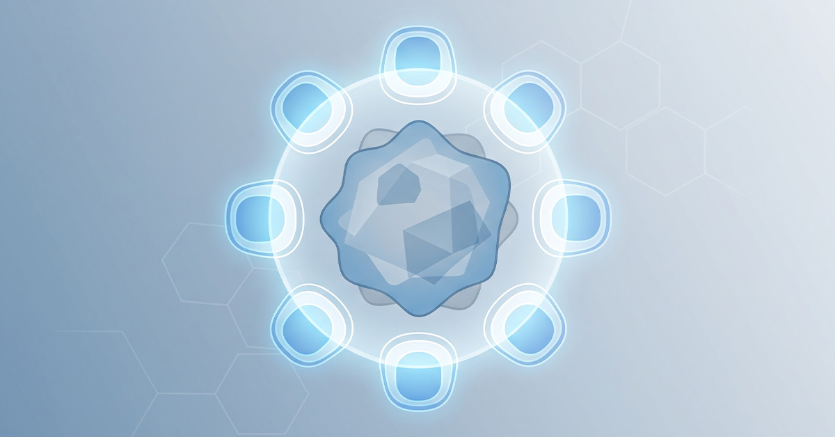 Illustration of immune cells identifying cancer cells to represent how immunotherapy works