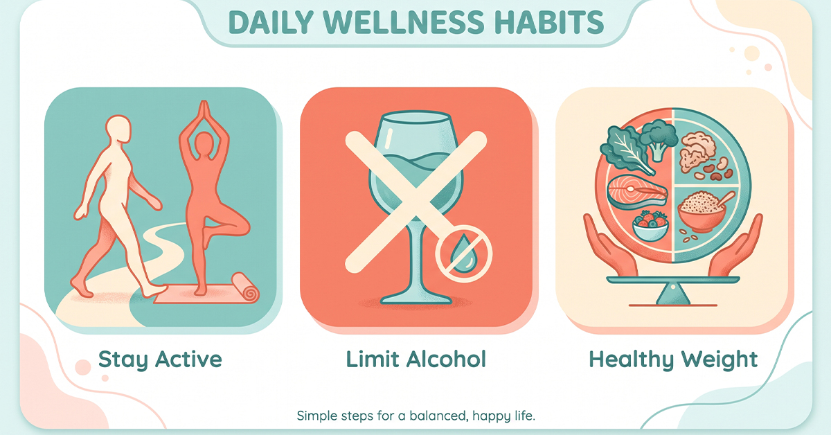 Illustration of modifiable lifestyle factors linked to breast cancer risk — diet, alcohol, and physical activity