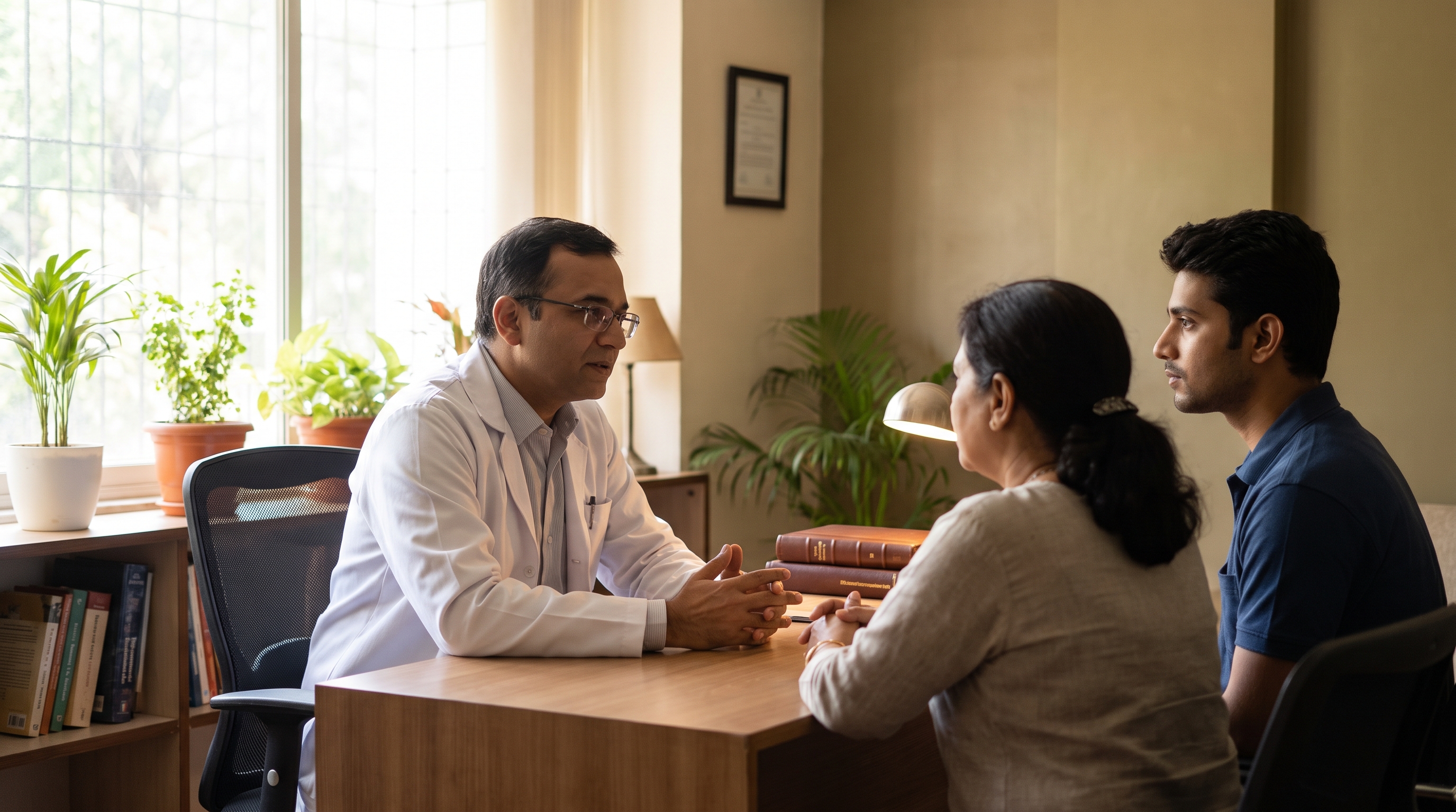 Oncologist discussing safe supportive care options with a liver cancer patient and family member