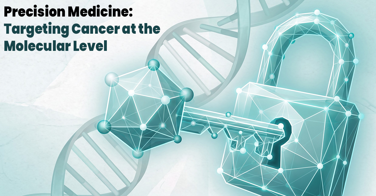 Precision oncology illustration showing targeted molecular therapy as a cancer treatment option